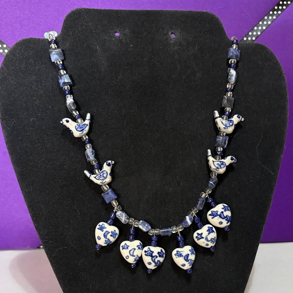Blue and White Ceramic Bird Necklace - Picture 1 of 5